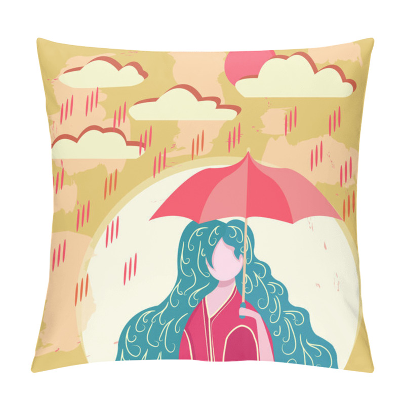 Personality  Girl Holding Umbrella In Rainy Day. Character Design, Season Concept - Vector Illustration Pillow Covers