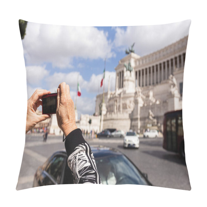 Personality  ROME, ITALY - JUNE 28, 2019: Cropped View Of Senior Woman Taking Picture Of Museum In Sunny Day Pillow Covers