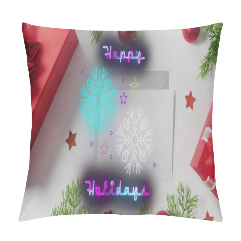 Personality  Happy Holiday Message Written In Neon Lights, Along With Falling Snowflakes. The Message Is Set Against A Black Background, And The Image Also Features Red Christmas Decorations And Envelopes. Pillow Covers