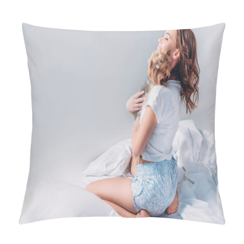 Personality  Side View Of Young Pretty Woman With Yorkshire Terrier Sitting On Bed Isolated On Grey Pillow Covers