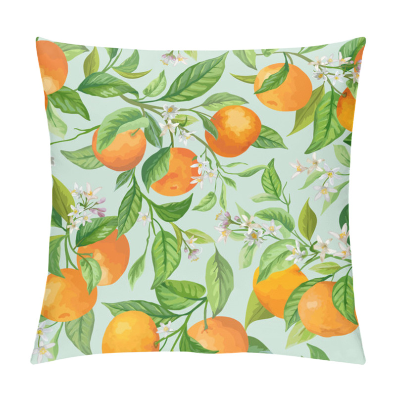 Personality  Vector Mandarin Floral Background, Seamless Fruit Pattern, Citrus Fruits, Flowers, Leaves, Branches Texture Pillow Covers