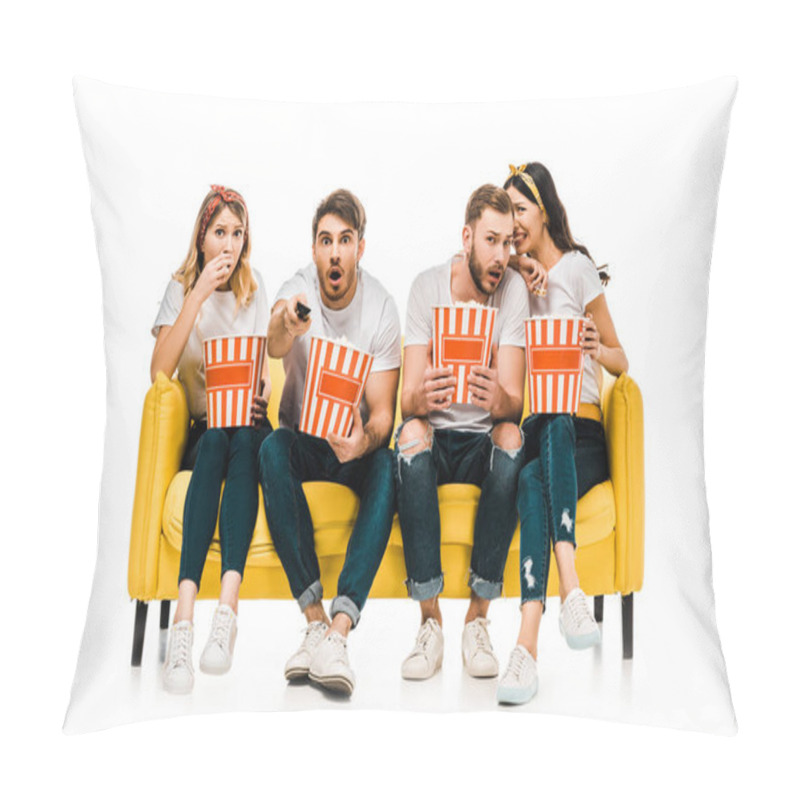 Personality  Shocked Young Friends Eating Popcorn From Boxes And Watching Tv While Sitting On Yellow Sofa Isolated On White   Pillow Covers