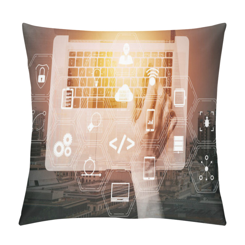 Personality  Coding Software Developer Work With Augmented Reality Dashboard Computer Icons Of Scrum Agile Development And Code Fork And Versioning With Responsive Cybersecurity.businessman Typing Keyboard With Laptop Computer. Pillow Covers