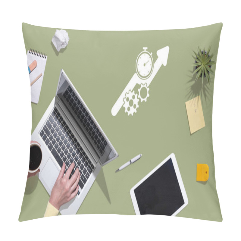 Personality  Top View Of Hands Using Laptop With Symbol Of Productivity Concept Pillow Covers