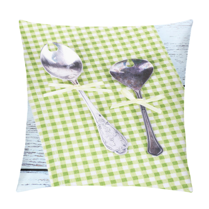 Personality  Metal Spoons On Green Checkered Napkin On Wooden Background Pillow Covers