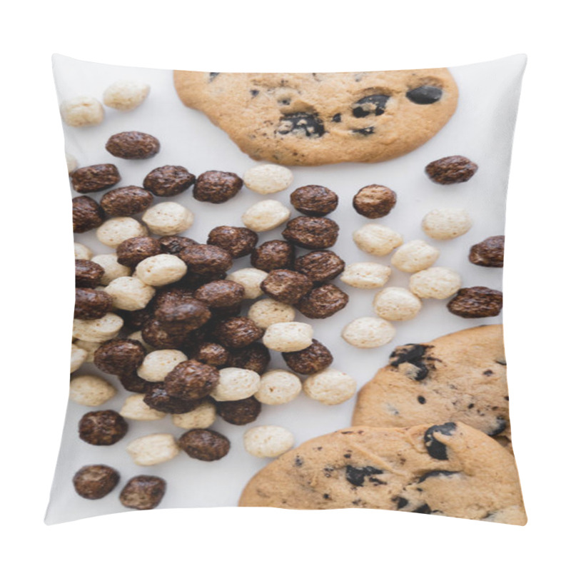 Personality  Top View Of Tasty Cookies Near Cereal Balls Isolated On White  Pillow Covers