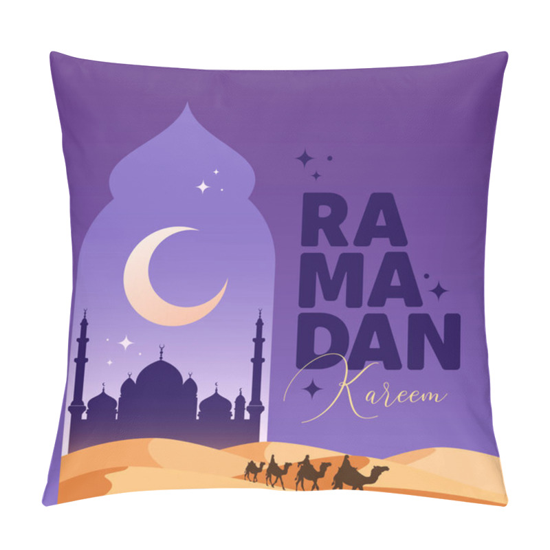 Personality  Arabian Landscape Illustration, Camel Caravan Crossing Desert Nearby Silhouette Of Mosque Under The Starry Sky And Crescent Moon. Ramadan Kareem Vector Illustration. Pillow Covers