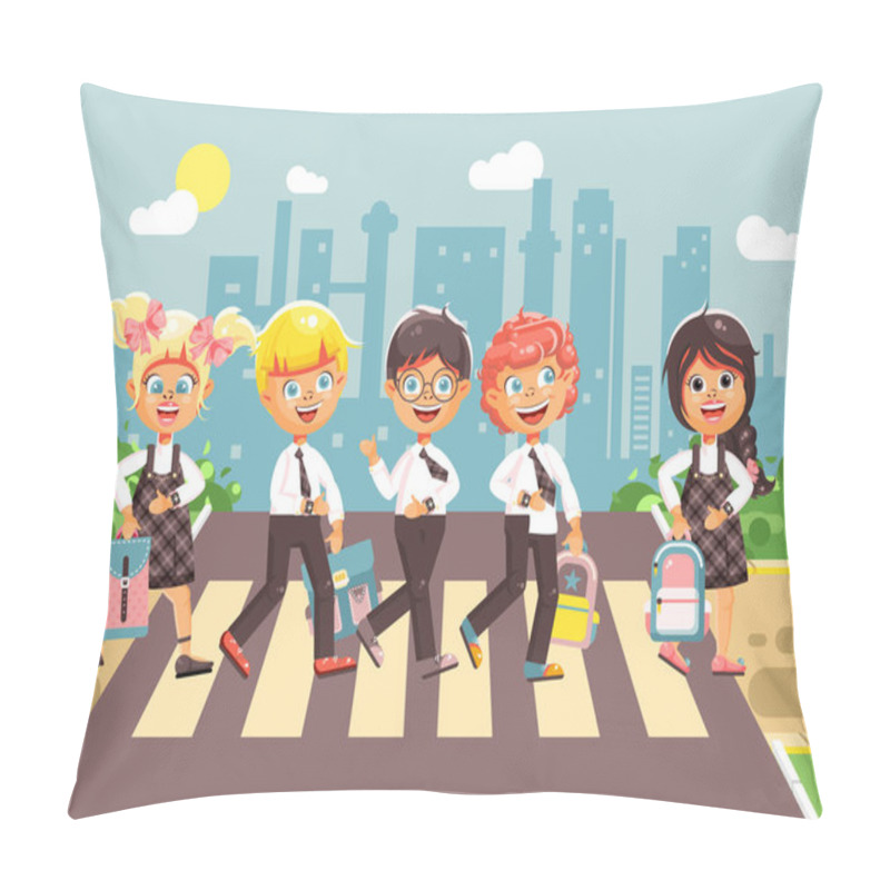 Personality  Vector Illustration Cartoon Characters Children, Observance Traffic Rules, Boys And Girl Schoolchildren Classmates Go To Road Pedestrian Crossing, City Background, Back To School Flat Style Pillow Covers