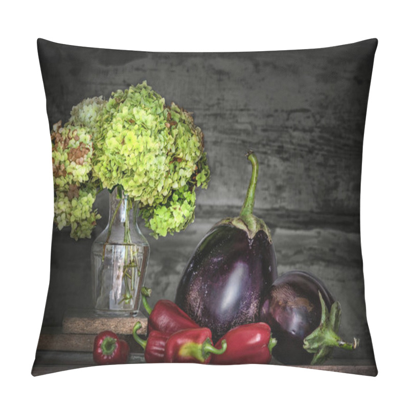 Personality  Still Life With Eggplants, Red Peppers And Green Hydrangea In A Vase. Pillow Covers