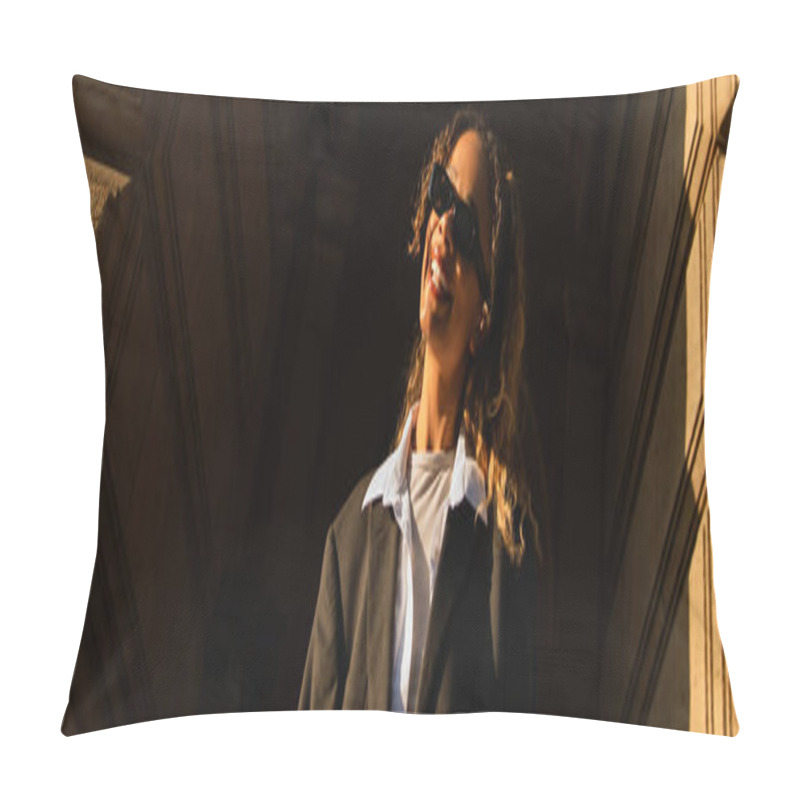 Personality  Sunshine On Face Of Cheerful African American Woman In Sunglasses And Oversize Suit Smiling On Street In Prague, Banner Pillow Covers