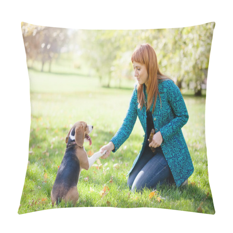 Personality  Girl Playing With Her Dog In Autumn Park Pillow Covers