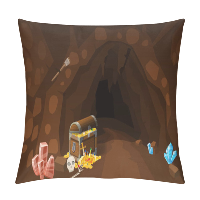 Personality  Treasure Cave With Chest Gold Coins, Gems. Screen To The Computer Game. Background Image To Use Games, Apps, Banners, Graphics. Vector Cartoon Illustration Pillow Covers