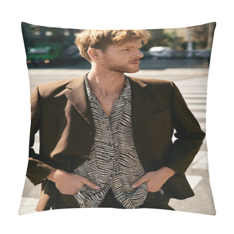 Personality  Young Red-haired Man In Debonair Attire Standing Confidently On City Street Corner. Pillow Covers