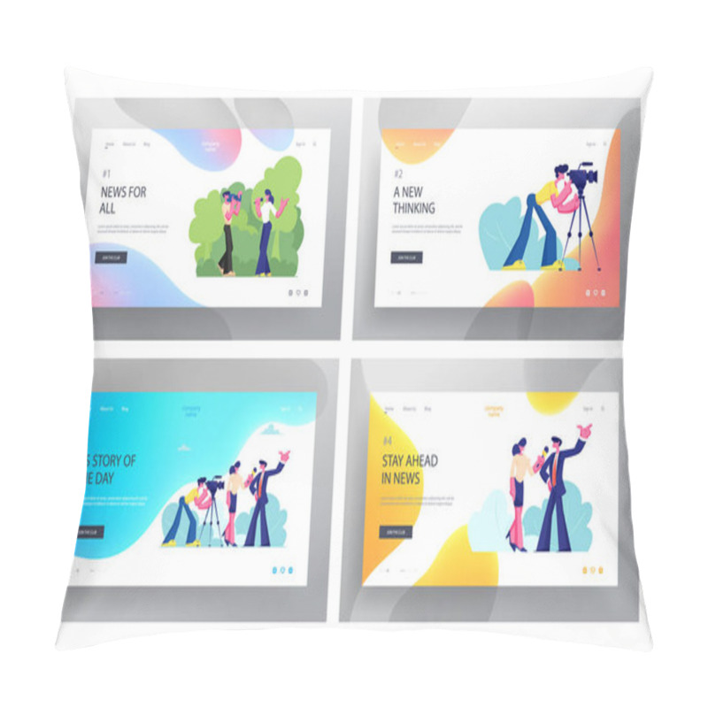 Personality  Mass Media Profession. Job Website Landing Page Set, Live News, Tv Broadcasting With Cameraman And Reporter. Female Journalist Taking Interview, Web Page. Cartoon Flat Vector Illustration, Banner Pillow Covers