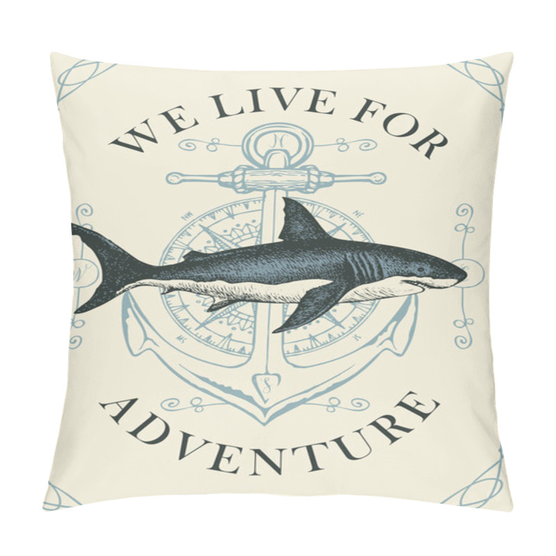 Personality  Retro Banner With Ship Anchor And A Big Hand Drawn Shark Pillow Covers