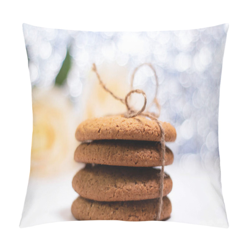 Personality  A Stack Of Oatmeal Cookies On A Light Bokeh Background. Blurred Background. Gifts For Loved Ones. Pillow Covers