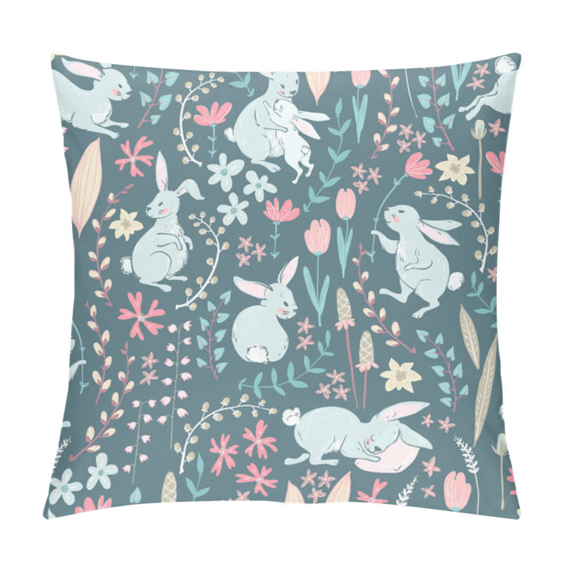 Personality  Easter Seamless Pattern With Cartoon Cute Bunnies And Flowers With Branches In Pastel Colors, Vector, Illustration Pillow Covers