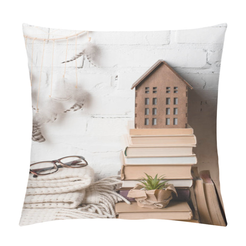 Personality  Books, Dream Catcher, Eyeglasses And Decorative Wooden House Near White Brick Wall  Pillow Covers