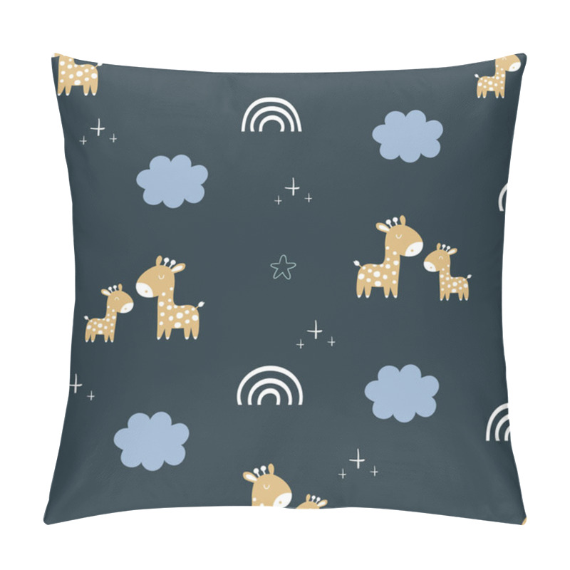 Personality  Cute Seamless Pattern With Giraffe, Cloud And Rainbow On Navy Background. Animal Cartoon. Use For Prints, Textiles, Fabric, Wallpaper, Stationery, Nursery, Wrapping Paper, Etc. Pillow Covers