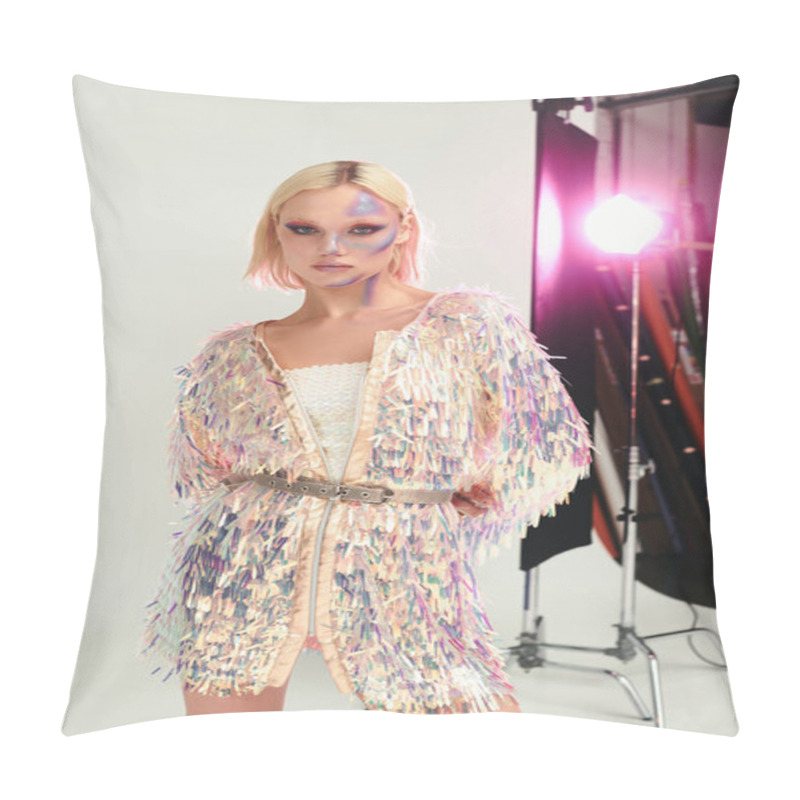 Personality  Young Woman Showcases Her Fashion Forward Style With Vibrant Holographic Elements. Pillow Covers