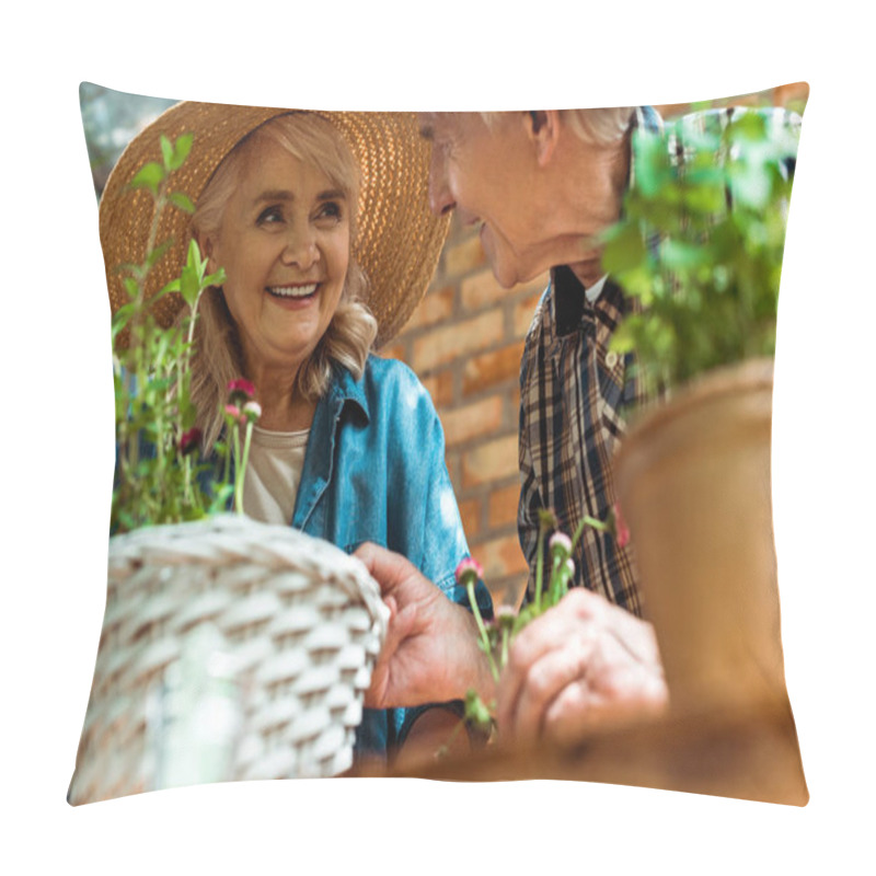 Personality  Selective Focus Of Senior Woman In Straw Hat Smiling With Husband Near Green Plants Pillow Covers