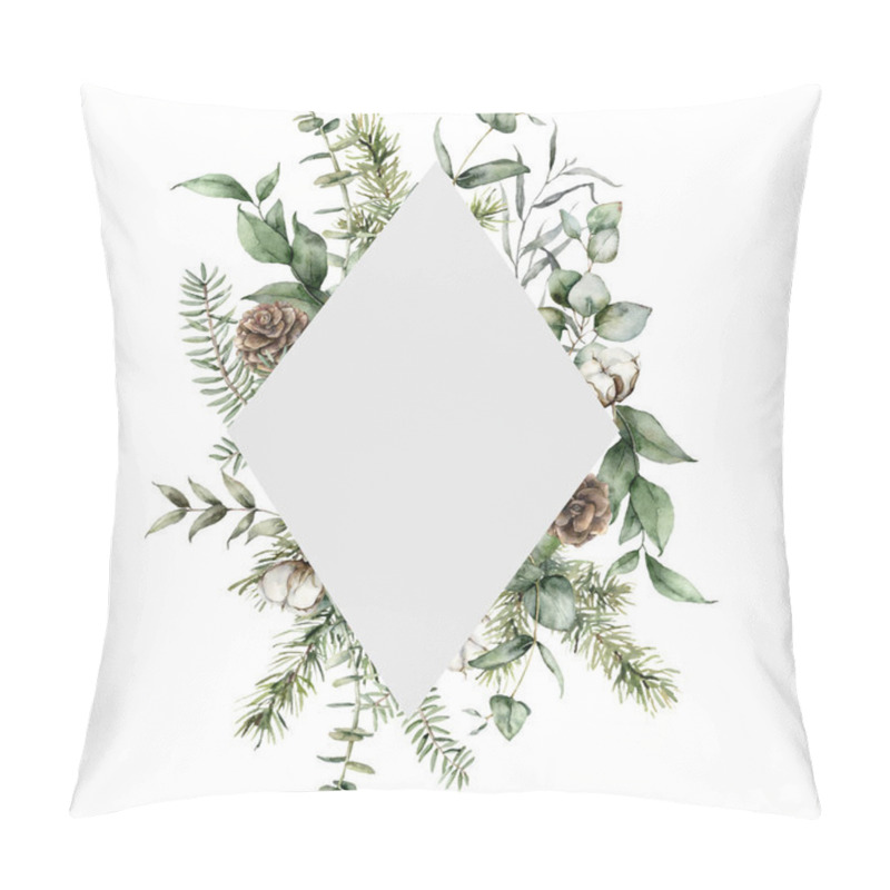 Personality  Watercolor Christmas Frame With Pine Cones, Cotton, Fir And Eucalyptus Branches. Hand Painted Holiday Plants Isolated On White Background. Floral Illustration For Design, Print, Fabric Or Background. Pillow Covers