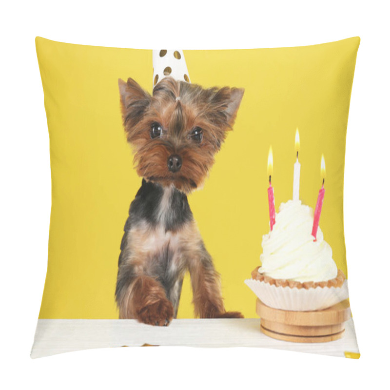 Personality  Cute Yorkshire Terrier Dog With Birthday Cupcake At Table Against Yellow Background Pillow Covers