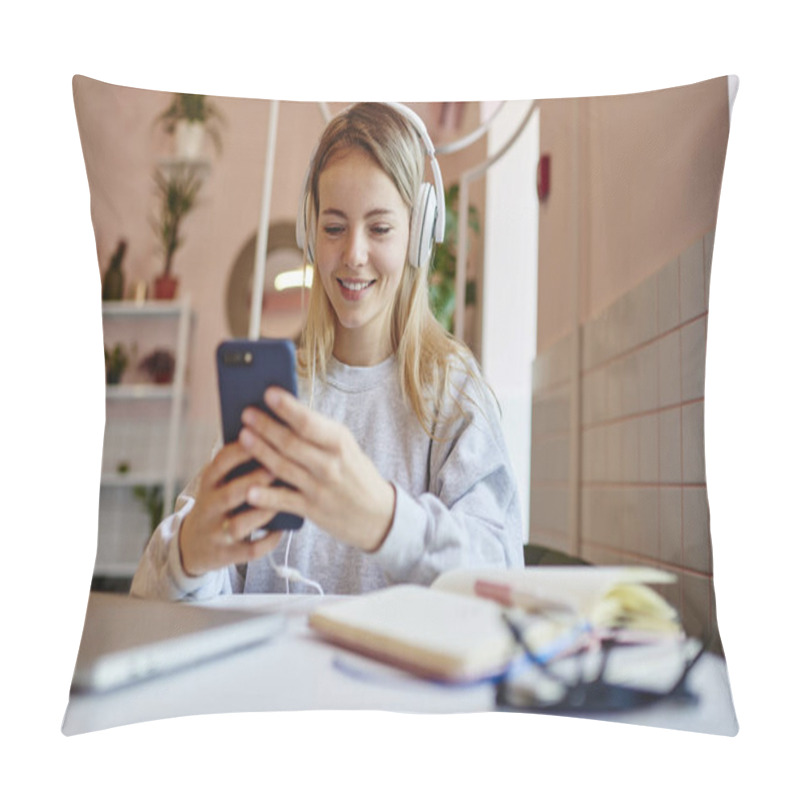 Personality  Happy Caucasian Blogger In Electronic Headphones For Noise Cancellation Choosing Music Podcast On Modern Smartphone Device, Cheerful Hipster Girl In Earphones Listening Positive Audio Records Pillow Covers