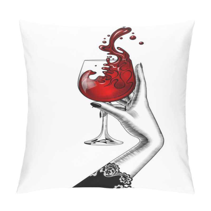 Personality  Female Hand Holding A Glass With Splashed Red Wine Pillow Covers