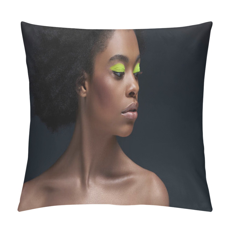 Personality  Portrait Of Beautiful African American Model With Bright Neon Makeup And Bare Shoulders Isolated On Black Pillow Covers