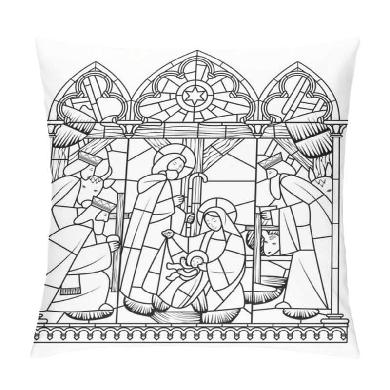 Personality  Linear Drawing Of Birth Of Jesus Christ Scene In Gothic Frame Pillow Covers