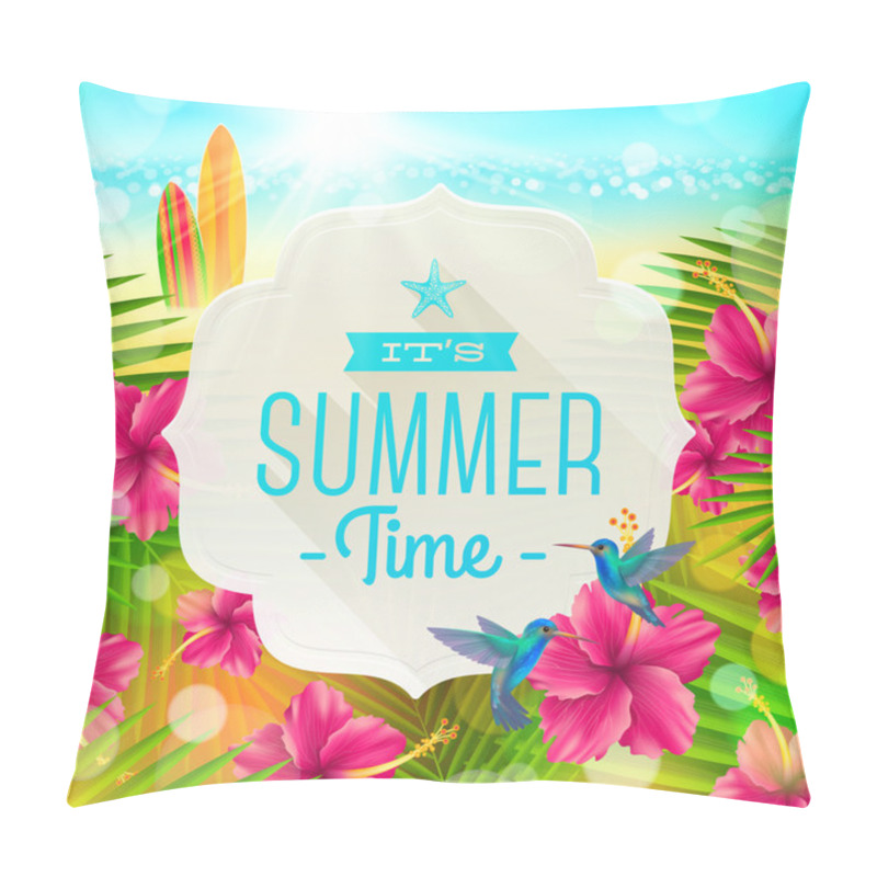 Personality  Banner With Summer Greeting, Hummingbirds And Hibiscus Flowers Against A  Tropical  Shore Seascape With Surfboards  - Vector Illustration Pillow Covers