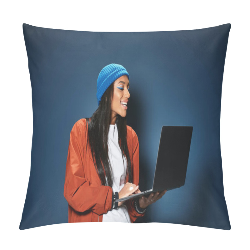 Personality  Wearing A Trendy Outfit, A Young Woman Smiles While Using Her Laptop, Embracing Autumn Style. Pillow Covers