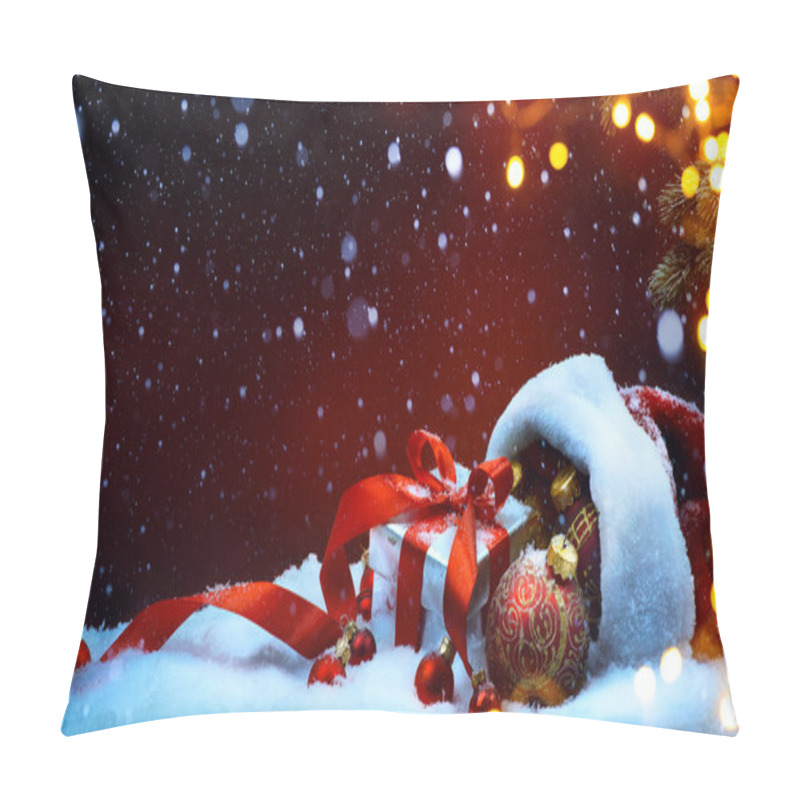 Personality  Santa Claus Red Bag With Christmas Balls And Gift Box On Snow Pillow Covers