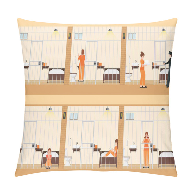 Personality  Rows Of Prison Cells With Life Of Women In Jail. Pillow Covers