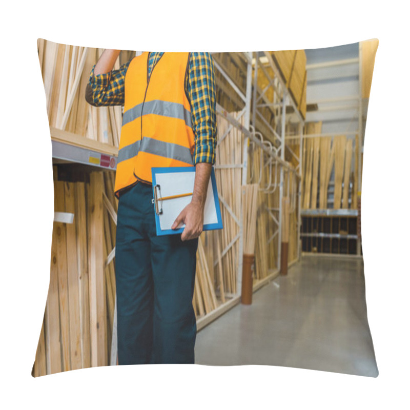 Personality  Partial View Of Warehouse Worker In Safety Vast Holding Clipboard Pillow Covers