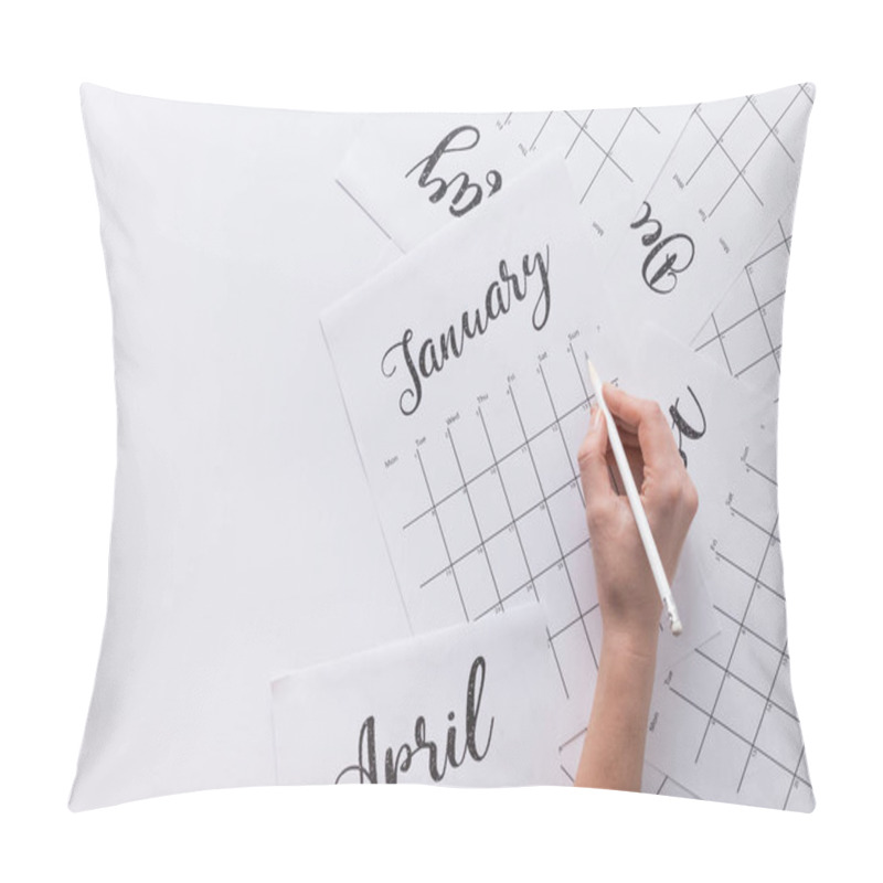 Personality  Partial View Of Woman Making Notes In Calendar Isolated On White Pillow Covers