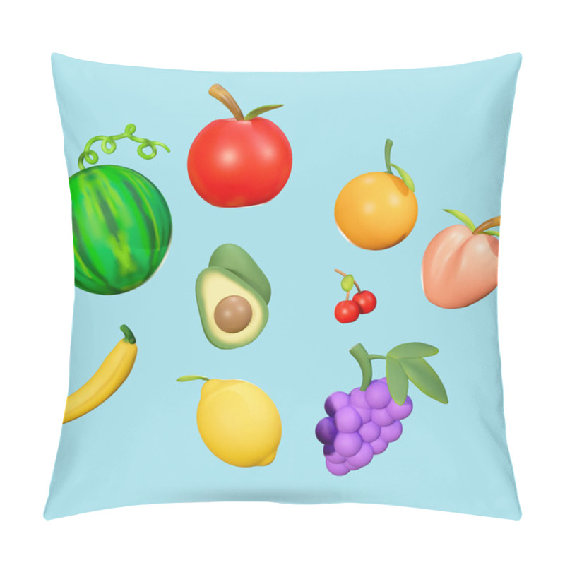 Personality  Fruits And Berries 3d Icon Set. Strawberry, Peach, Apple, Raspberry, Pear, Banana, Orange, Watermelon , Isolated On Blue Background ,with Clipping Path, Illustration 3D Rendering Pillow Covers