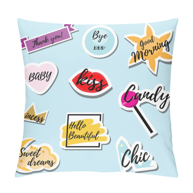 Personality  Trendy Fashionable Pins, Patches, Labels, Stickers With Text Messages. Vector Illustrarion Pillow Covers