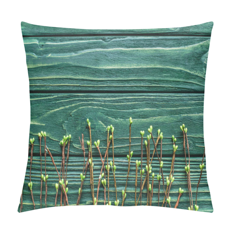 Personality  Top View Of Wooden Green Background With Blossoming Branches  Pillow Covers