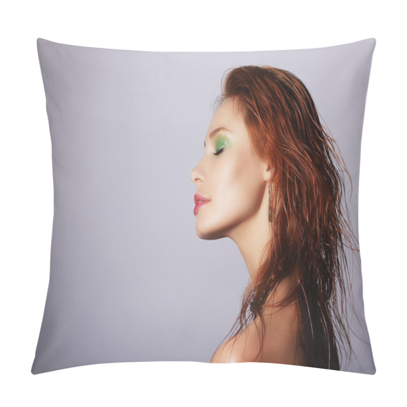 Personality  Profile Of Seductive Redhead Woman With Wet Hair Pillow Covers