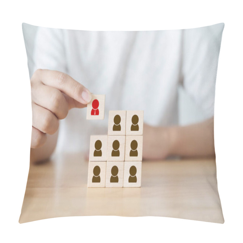 Personality  Human Resource Management And Recruitment Business Concept. Hand Holding Wooden Cube Block With Human Icon Symbol Pillow Covers