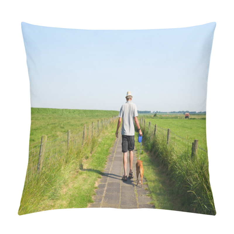 Personality  Man Walking The Dog In Summer Landscape Pillow Covers