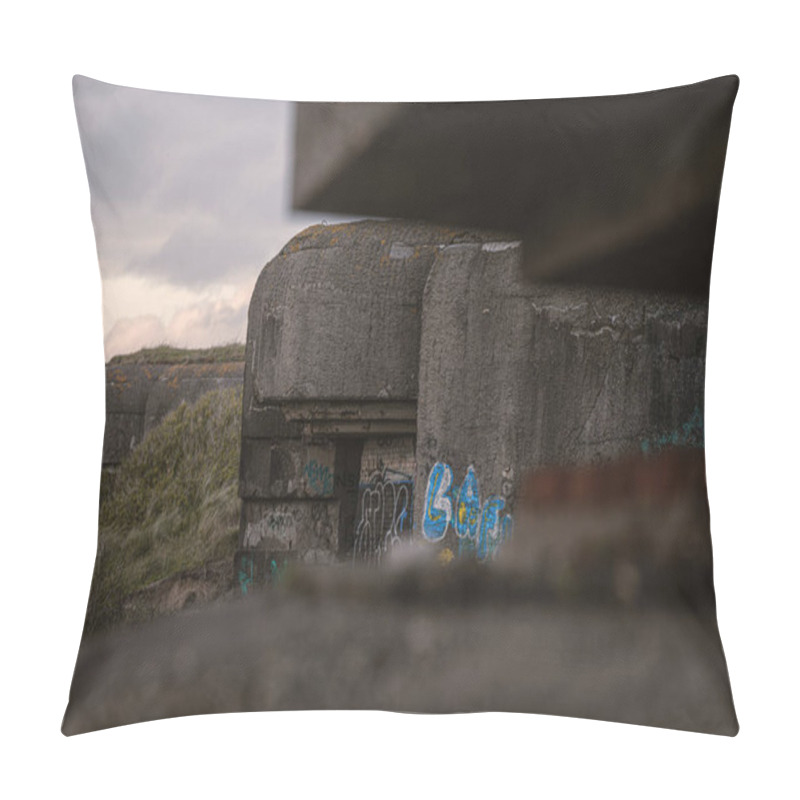 Personality  Bunker Complex IJmuiden, IJmuiden, North Holland, Netherlands, April 24, 2024: German Defense Line From The WWII Consisting Of Concrete Bunkers And Gun Emplacements During Sunset. Pillow Covers