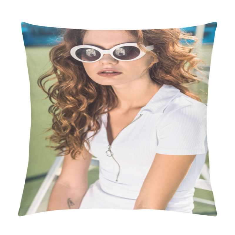 Personality  Portrait Of Beautiful Woman In White Sportswear And Sunglasses On Tennis Court Pillow Covers