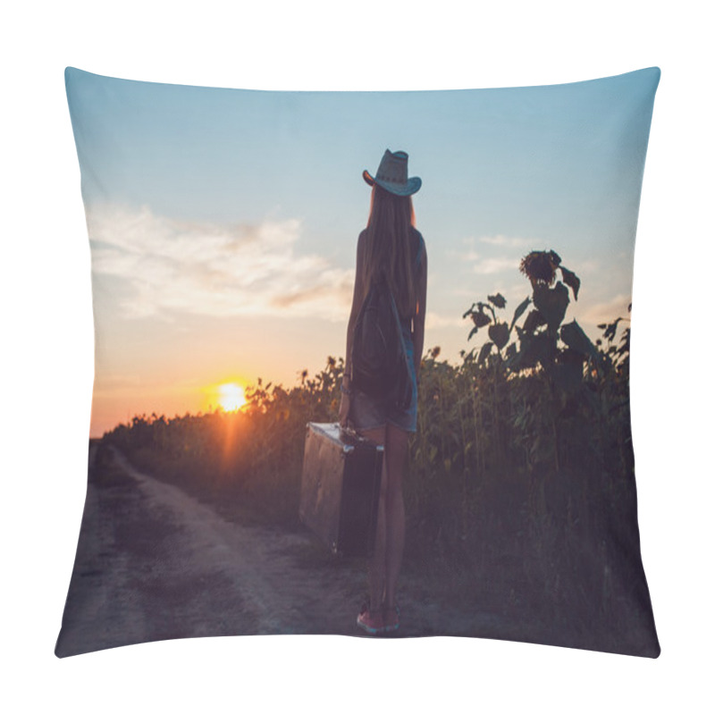 Personality  Girl In A Cowboy Hat Standing With A Suitcase On The Road In The Sunflower Field. Waiting For Help. Sunset. Pillow Covers