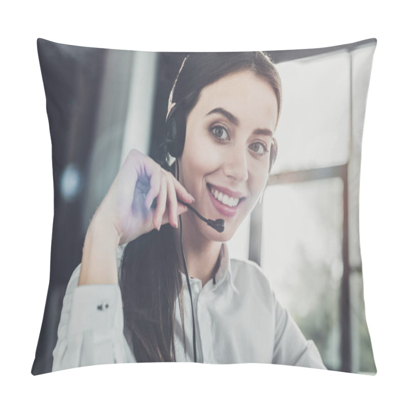 Personality  Beautiful Female Call Center Worker With Headphones Looking At Camera Pillow Covers