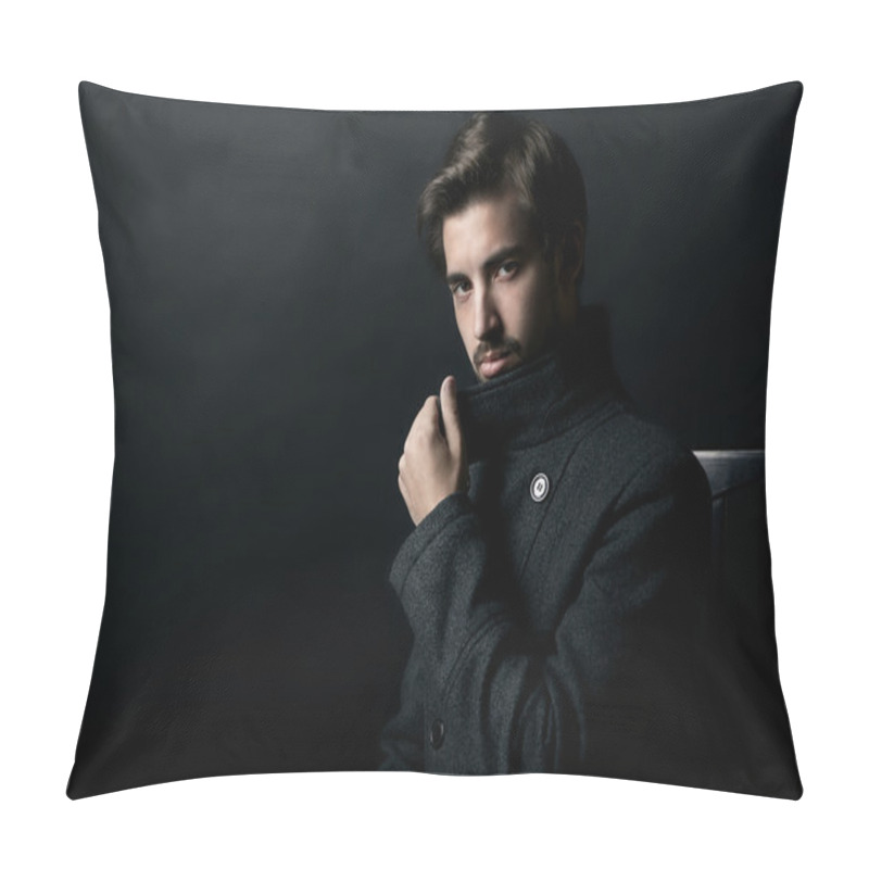 Personality  Young Handsome Man In Coat On Black Background Pillow Covers