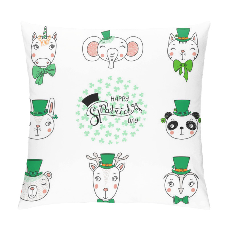 Personality  Set Of Hand Drawn Cute Funny Animals In Leprechaun Top Hats With Text Happy Saint Patricks Day, Vector, Illustration Pillow Covers