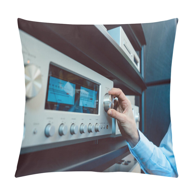 Personality  Hand Of Woman Turning Up Volume Of Hi-Fi Amplifier Pillow Covers